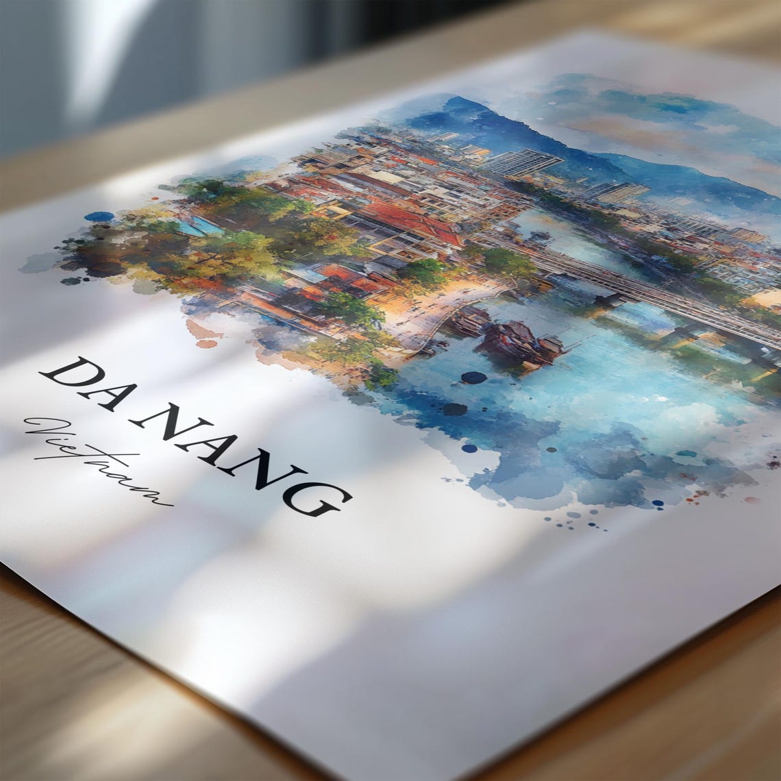 Da Nang Vietnam River City Bridge Scene Watercolor Travel Poster - Image 6