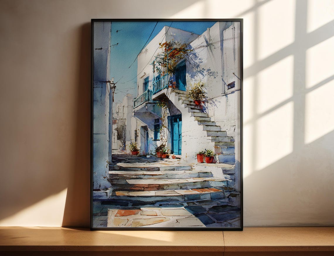 Paros Greece Whitewashed Alley Blue Doors Watercolor Travel Poster