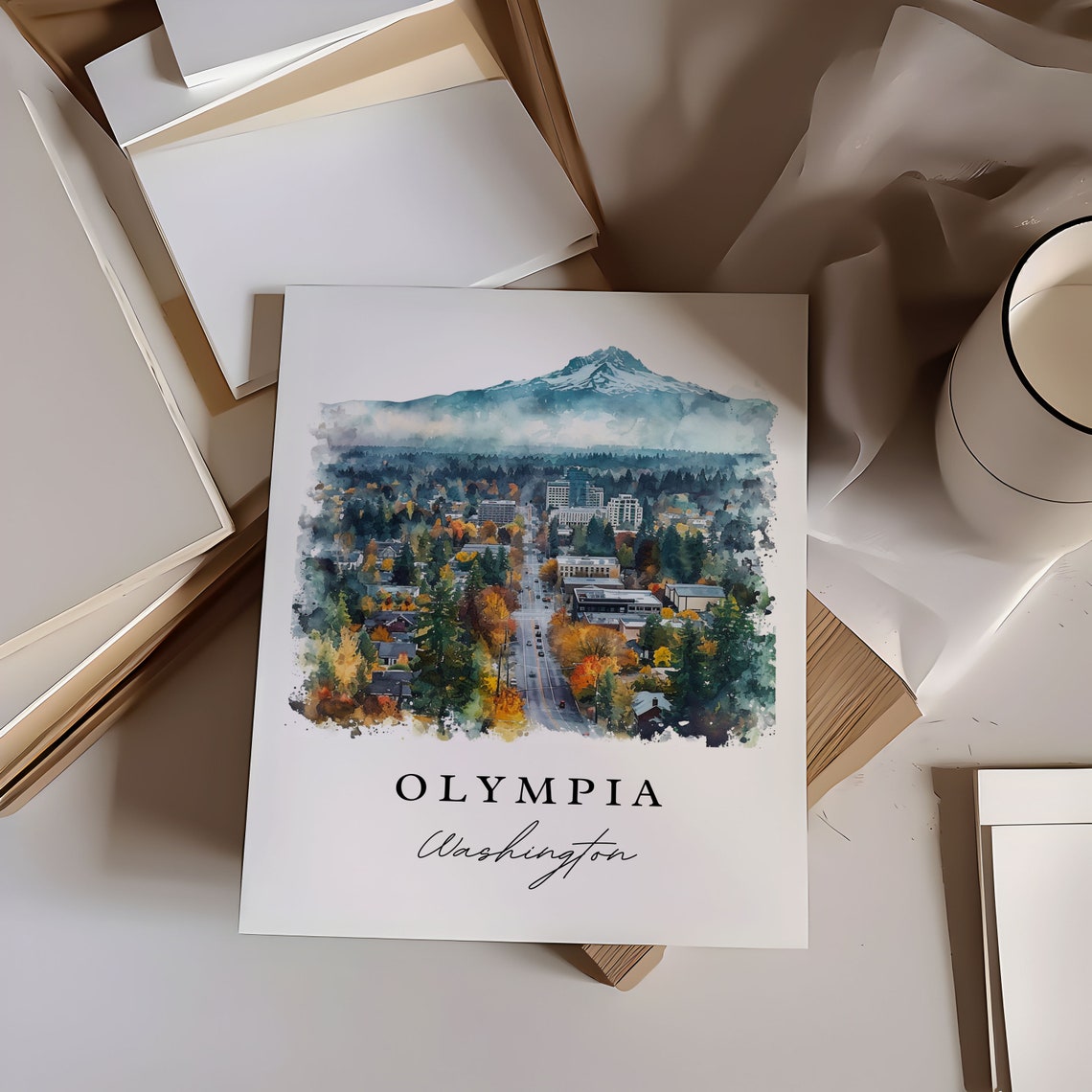Olympia Washington Watercolor City Mountain Peak Evergreen View Poster - Image 6