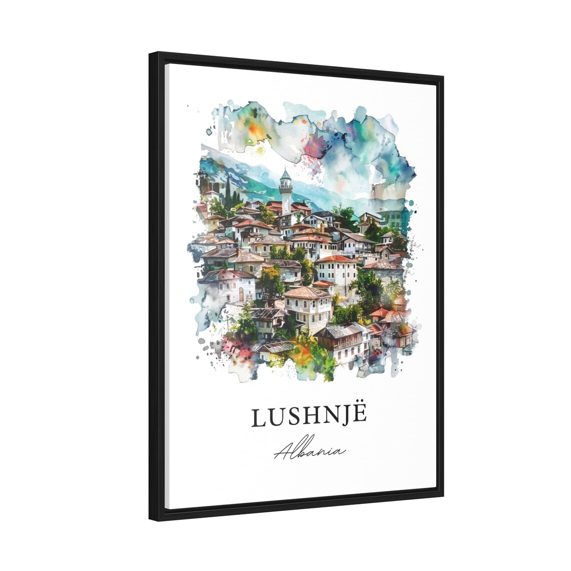 Lushnje Albania Hillside Old Town Charming Watercolor Travel Poster - Image 2