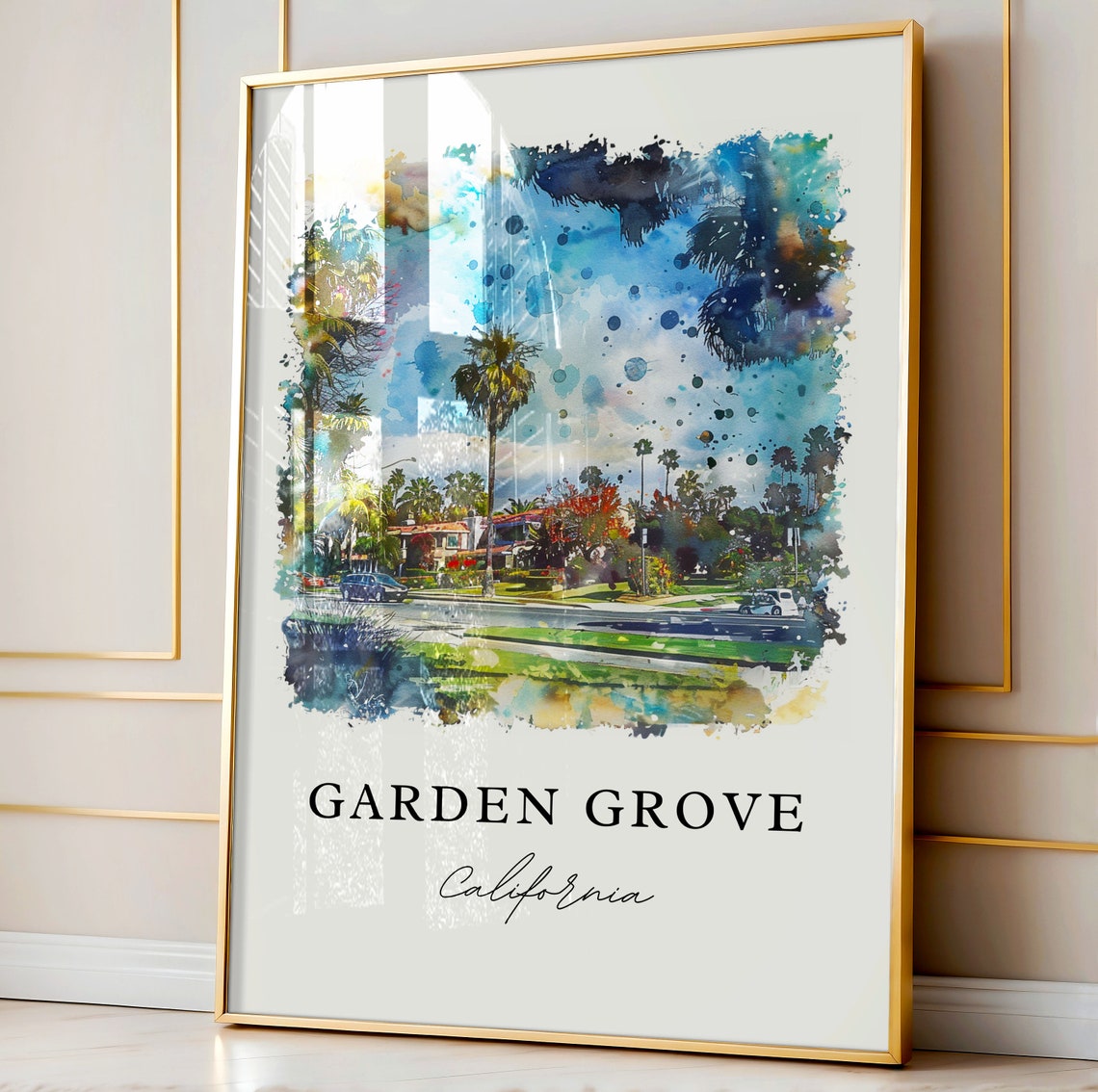Garden Grove California Palm Tree Boulevard Watercolor Poster - Image 3