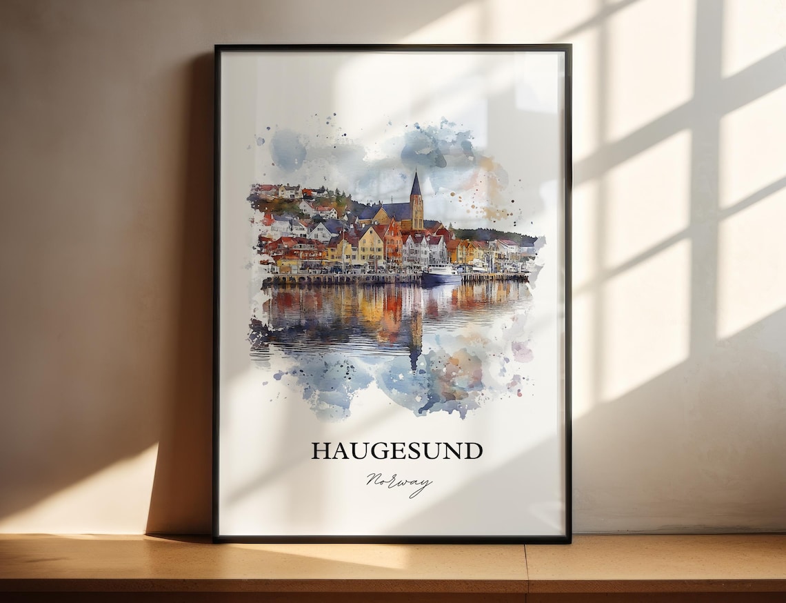 Haugesund Norway Watercolor Harbor Town Church View Travel Poster