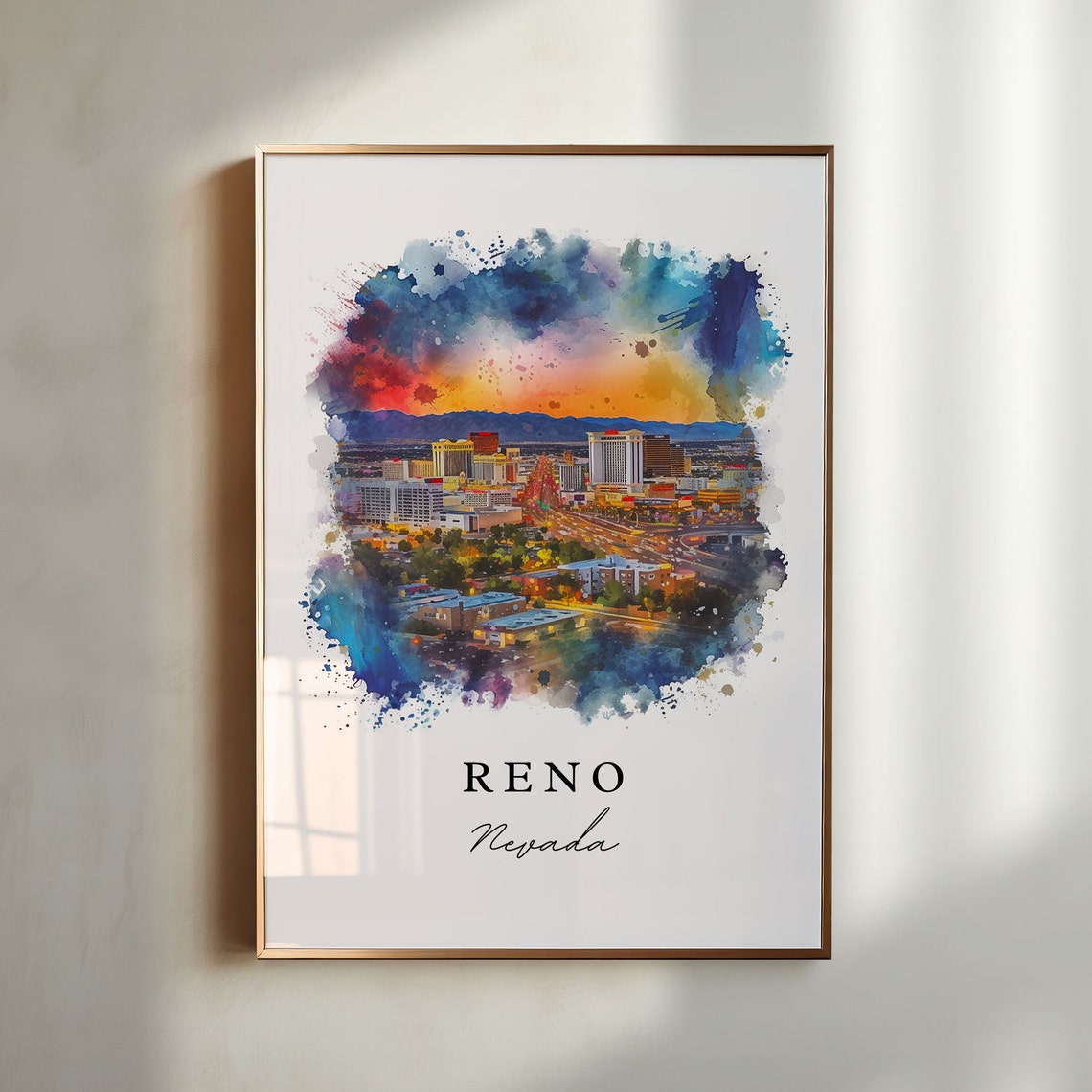 Reno Nevada Sunset Downtown Skyline Watercolor Travel Poster