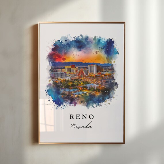 Reno Nevada Sunset Downtown Skyline Watercolor Travel Poster