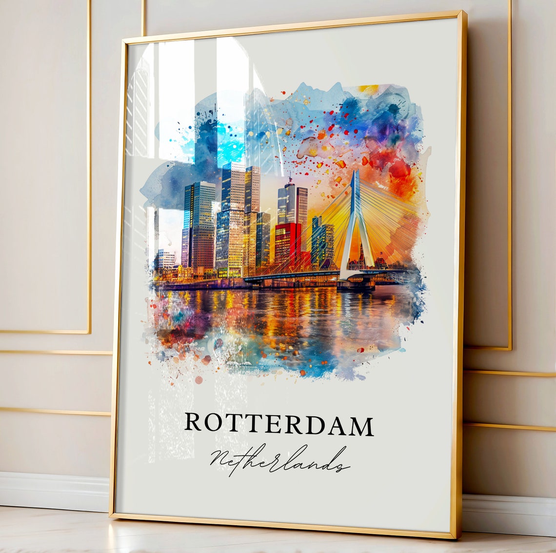 Rotterdam Netherlands Erasmus Bridge Skyline Watercolor Poster - Image 4