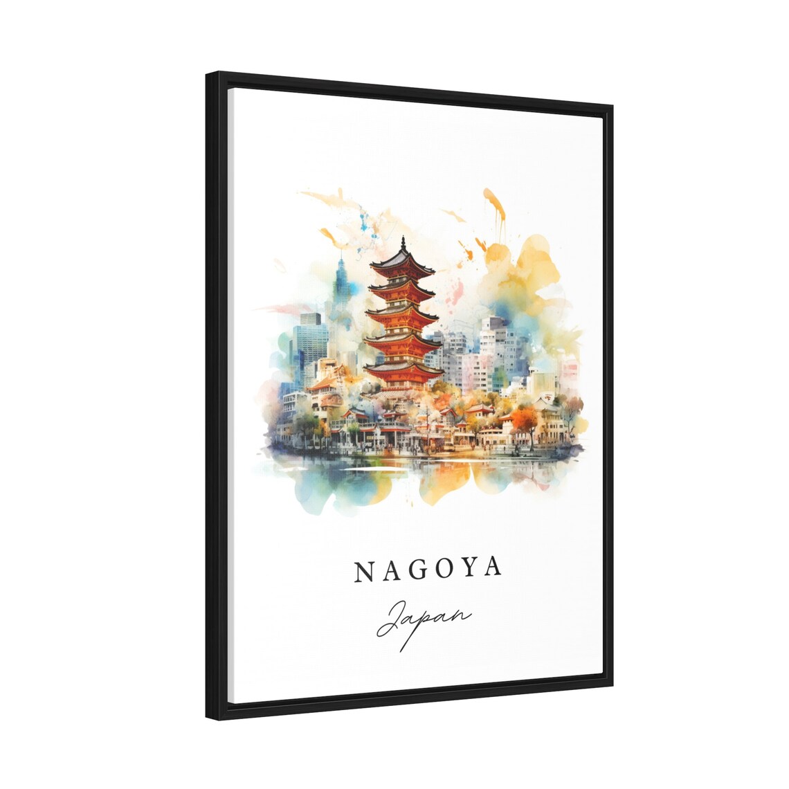 Nagoya Japan Watercolor Five Story Pagoda City Skyline Travel Poster - Image 2