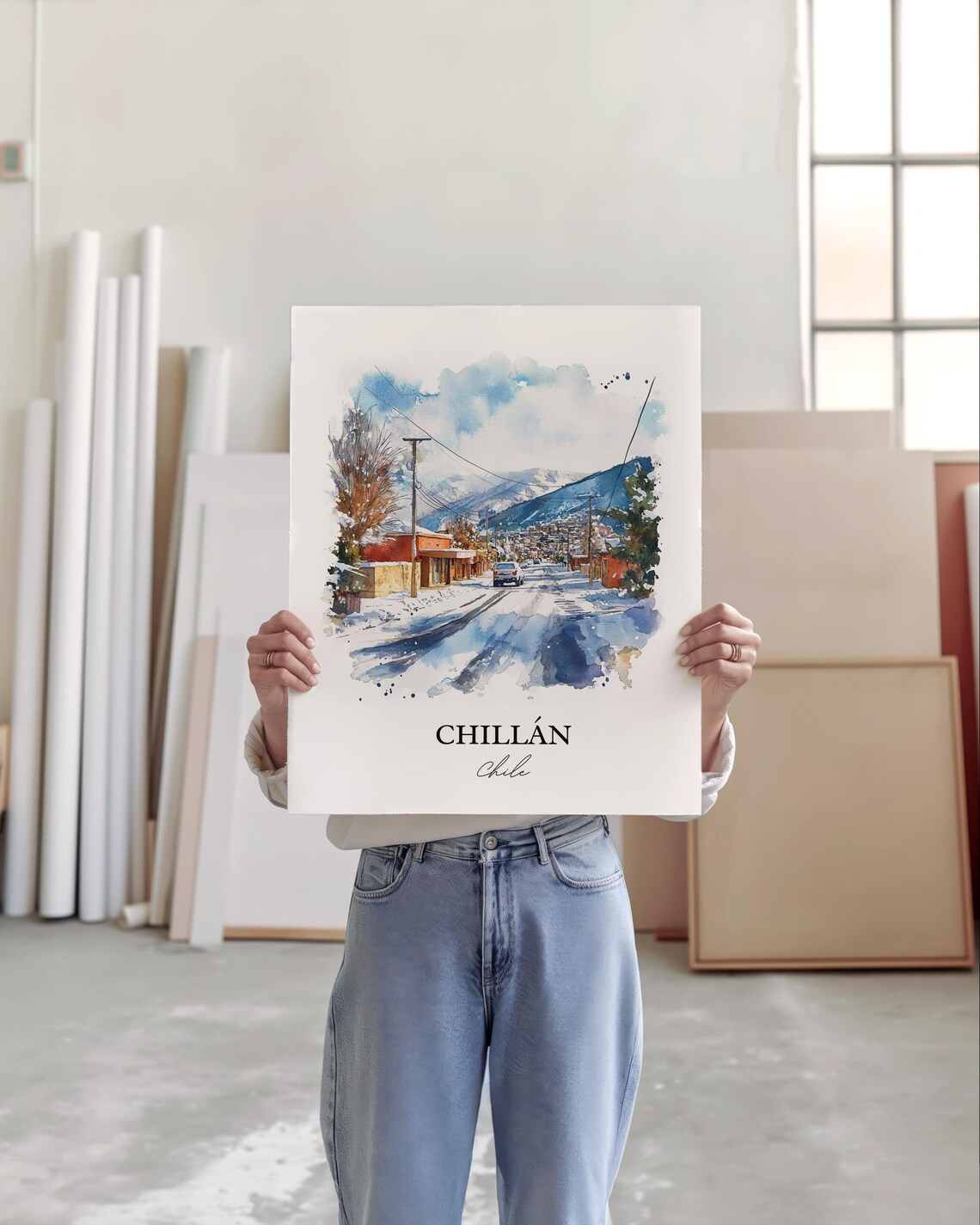Chillan Chile Watercolor Snowy Andes Winter Street Scene Poster - Image 3