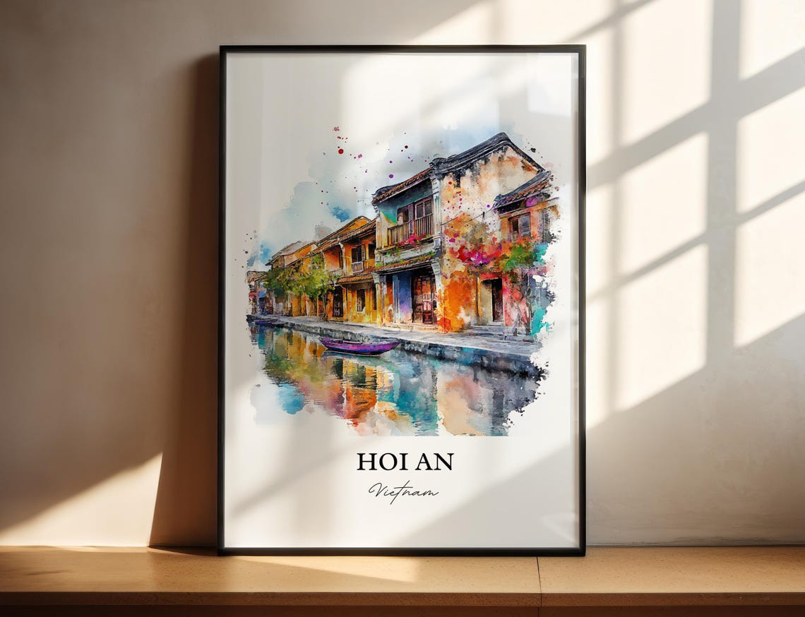 Hoi An Vietnam Watercolor Art Old Town Canal Street Lantern Poster