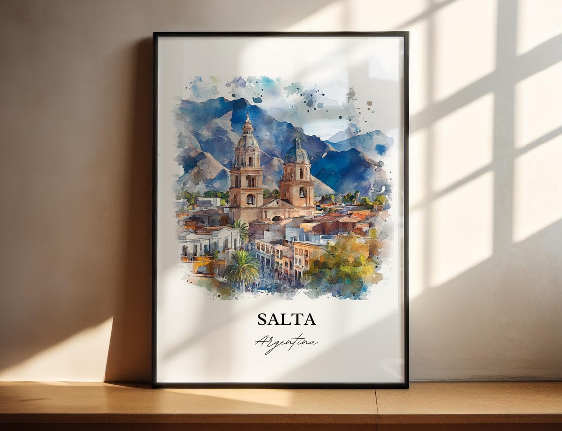 Salta Argentina Watercolor Twin Tower Cathedral Mountain Poster