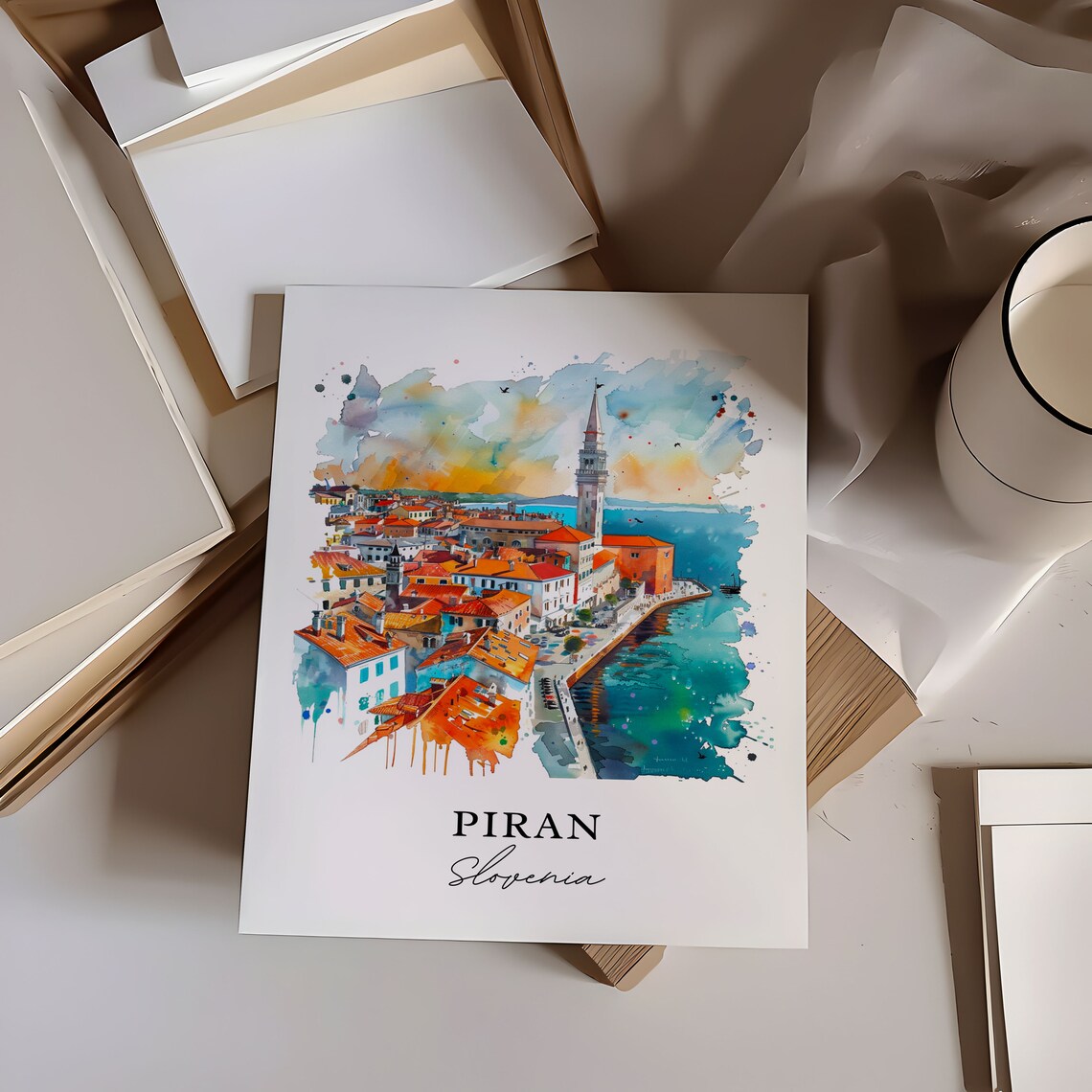 Piran Slovenia Watercolor Aerial Harbor Bell Tower Old Town Poster - Image 2