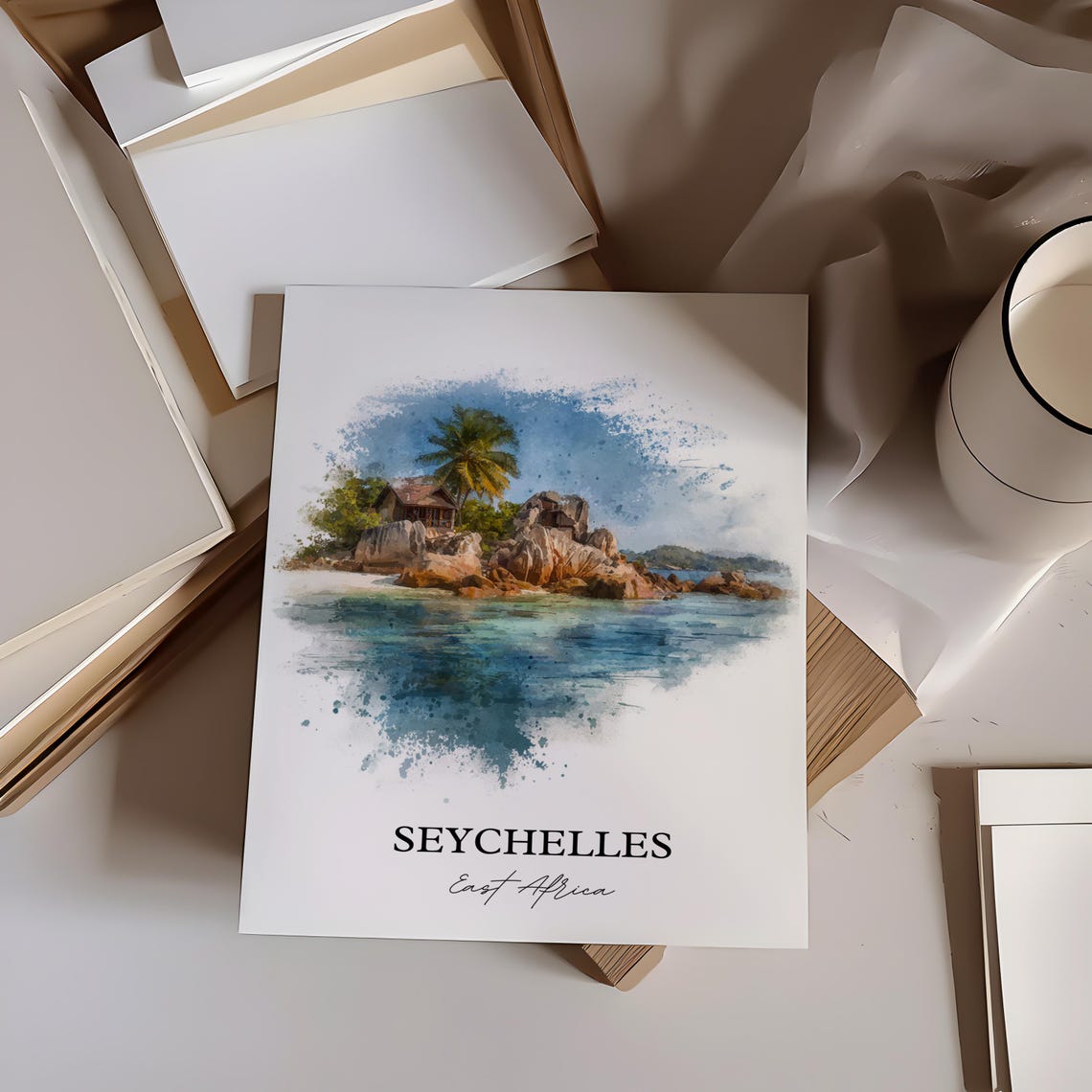 Seychelles Island Granite Boulders Beach Watercolor Travel Poster - Image 2