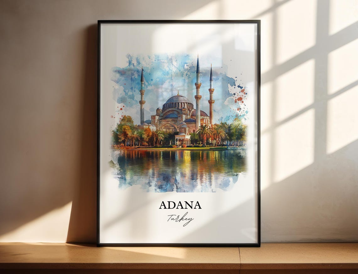Adana Turkey Watercolor Grand Mosque Riverside Travel Poster