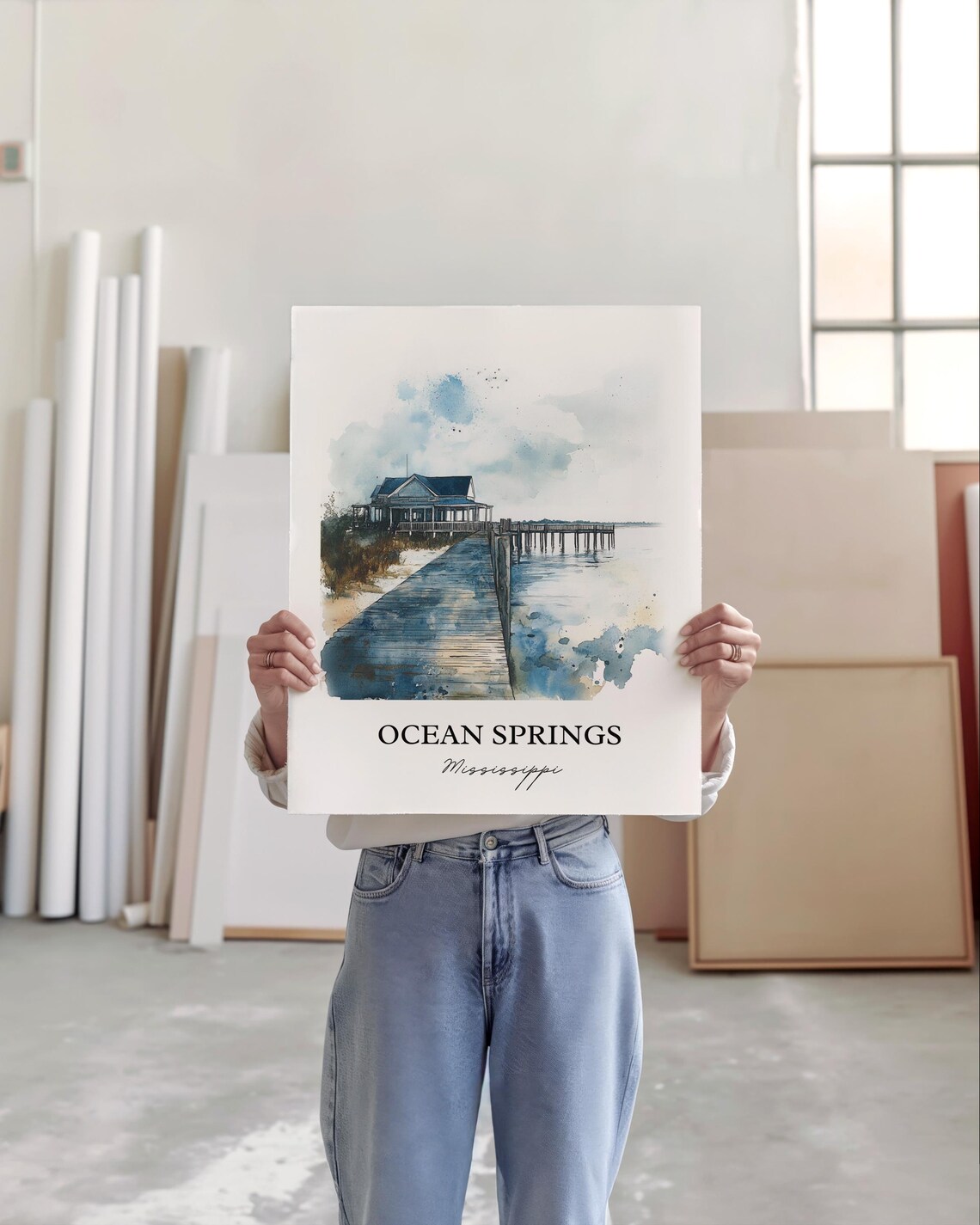 Ocean Springs Mississippi Pier Boardwalk Watercolor Travel Gift Poster - Image 2
