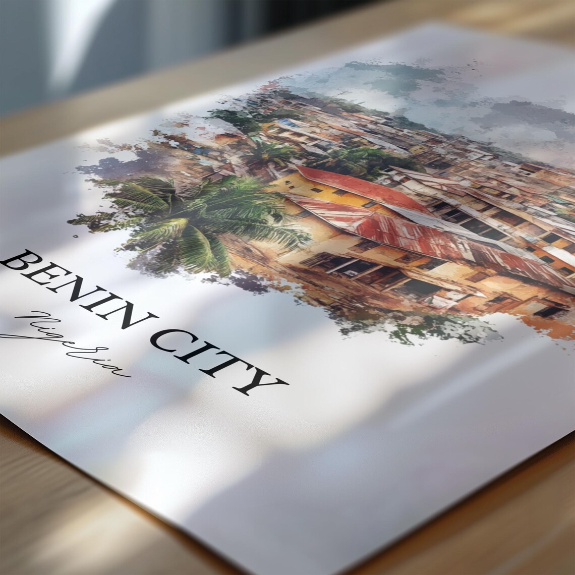 Benin City Nigeria Rooftop Skyline Watercolor Travel Poster Art - Image 7