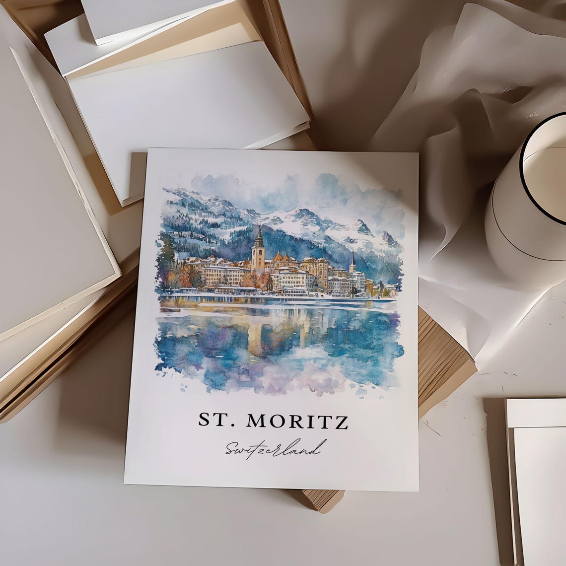 St. Moritz Switzerland Snowy Alpine Lake Watercolor Travel Poster - Image 6