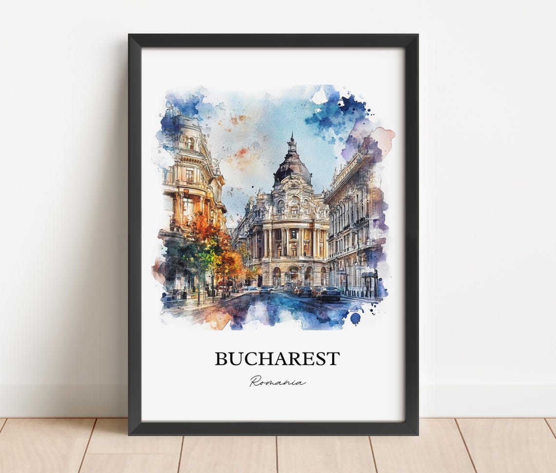 Bucharest Romania Watercolor Grand City Street Scene Travel Poster - Image 2