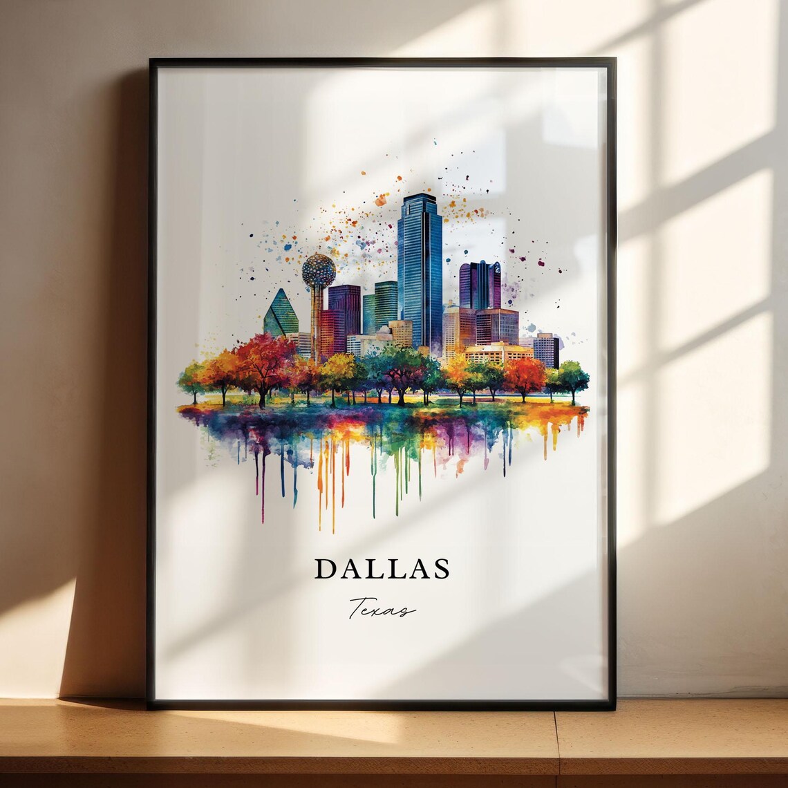 Dallas TX Watercolor Skyline Travel Poster