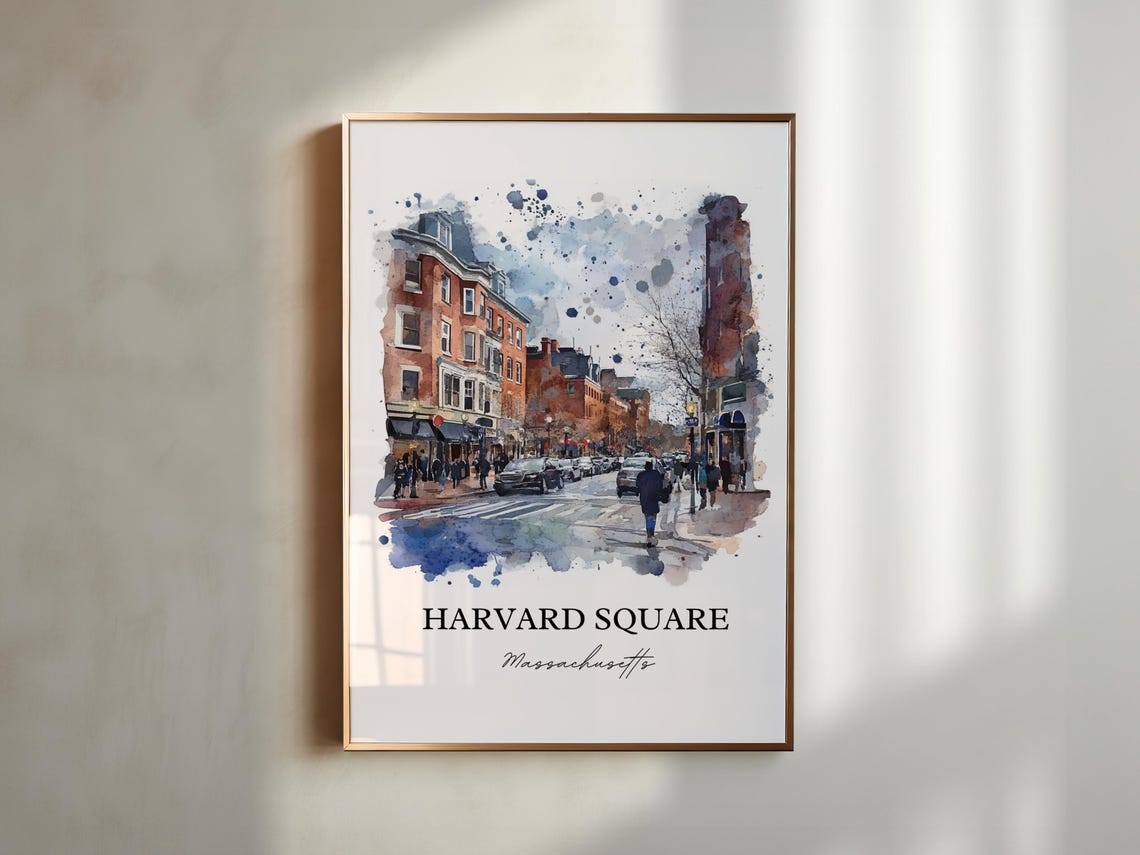 Harvard Square Massachusetts Street Scene Watercolor Travel Poster - Image 2