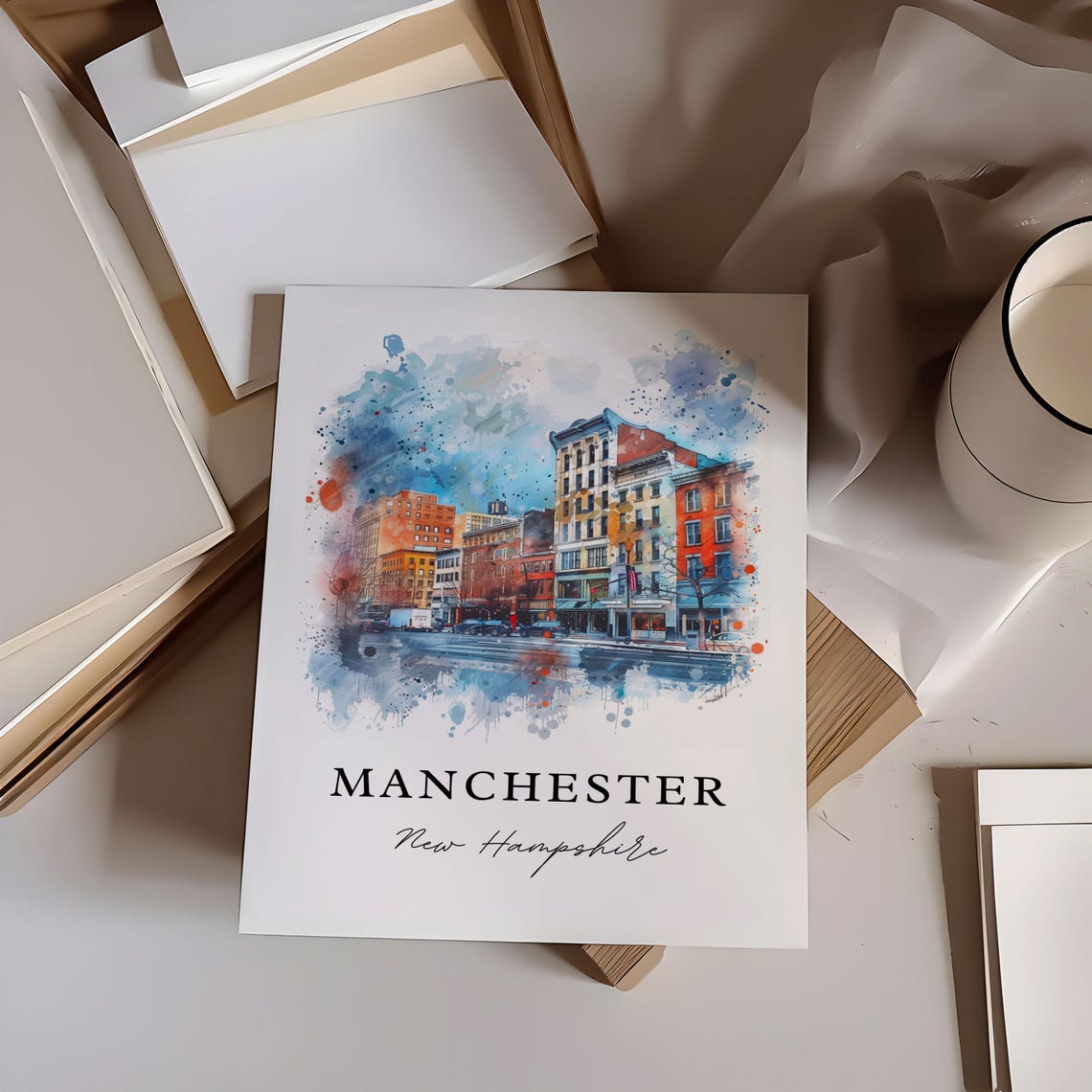 Manchester New Hampshire Downtown Brick Street Watercolor Poster - Image 6