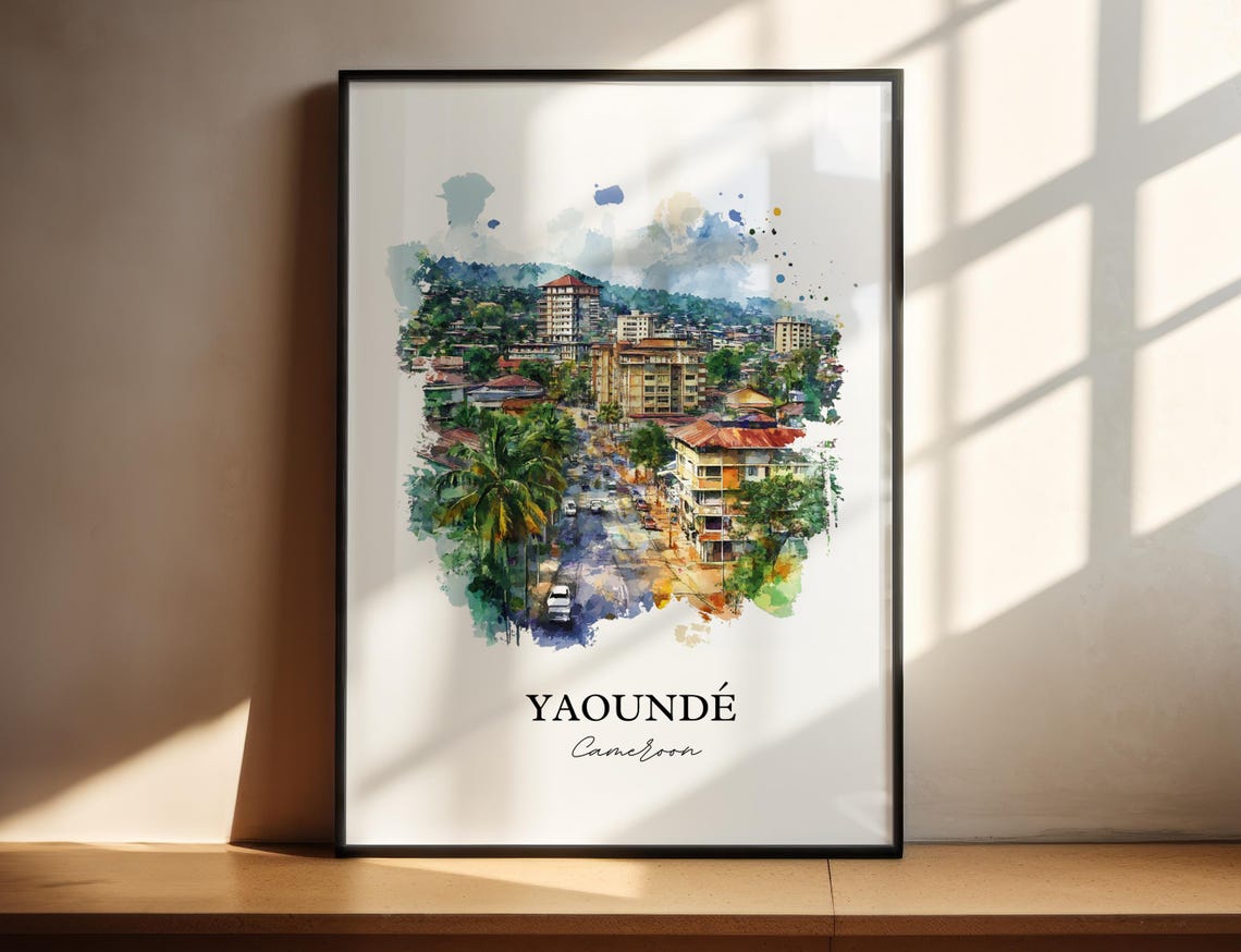 Yaounde Cameroon African Watercolor City Street Palms Poster
