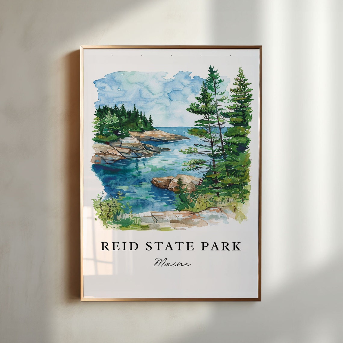 Reid State Park Maine Watercolor Rocky Coast Scenic Art Print