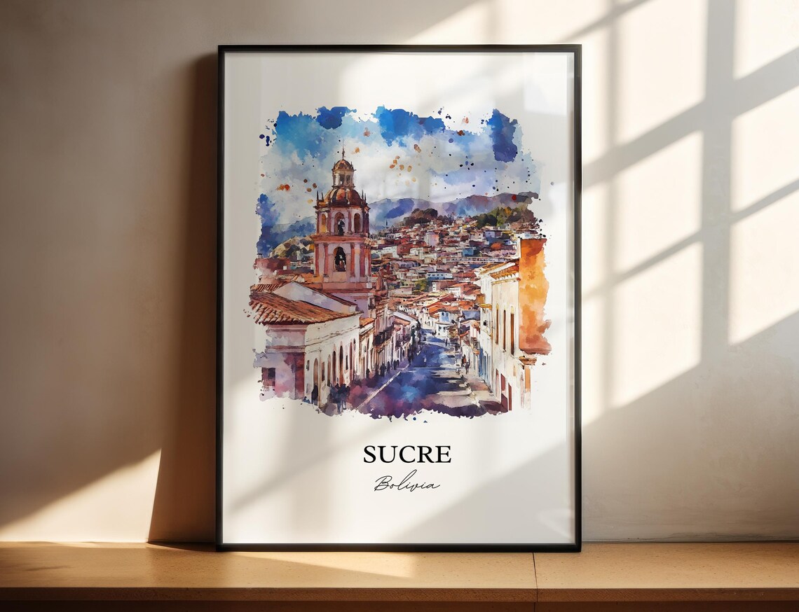 Sucre Bolivia Watercolor Colonial Street Church Tower Travel Poster