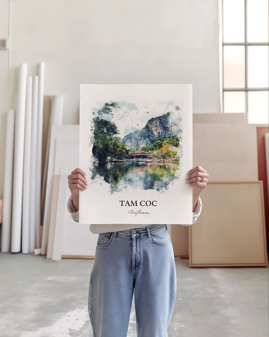 Tam Coc Vietnam Watercolor Karst River Boats Landscape Art Poster - Image 6