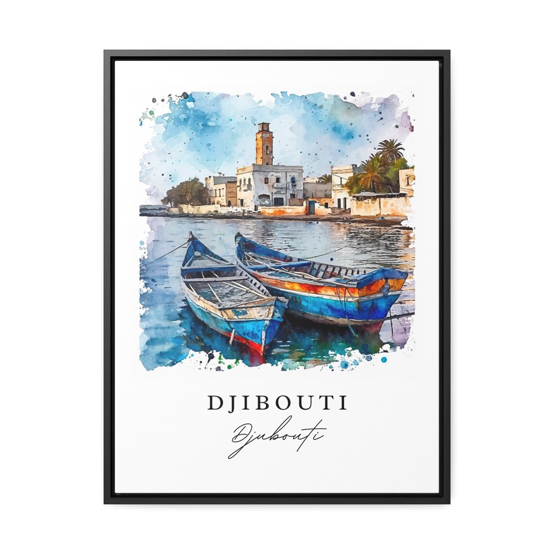 Djibouti Watercolor Harbor Boats Coastal Town Lighthouse Art Poster - Image 3