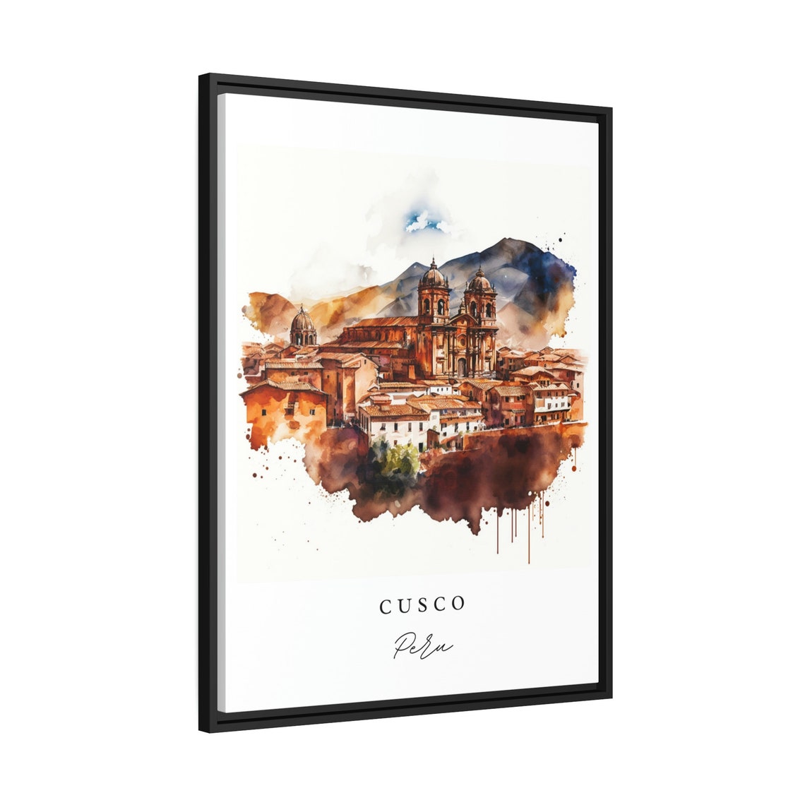 Cusco Peru Historic Old Town Twin Church Towers Watercolor Poster - Image 2