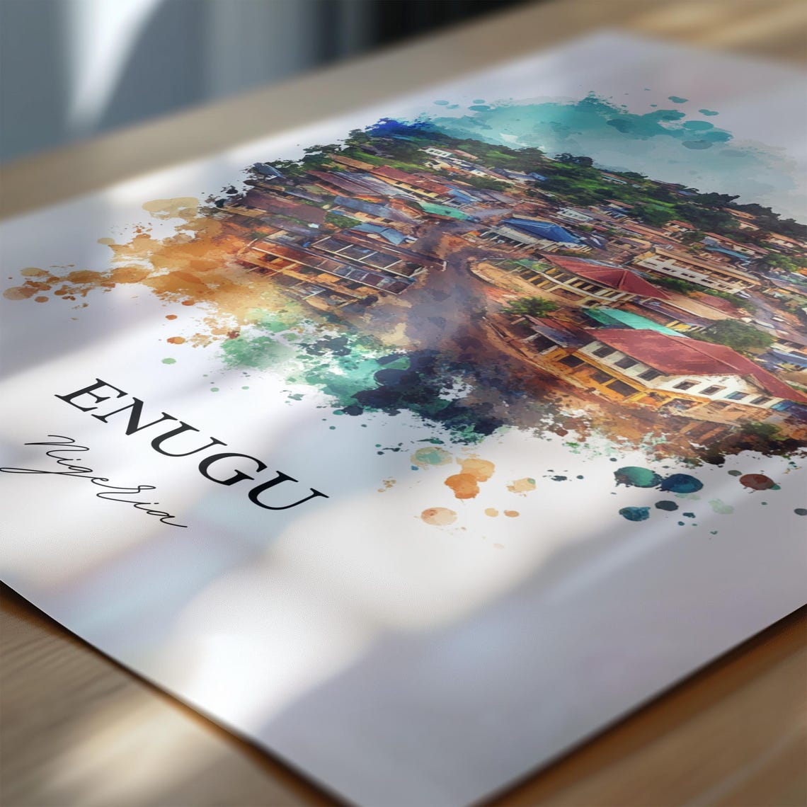 Enugu Nigeria African Watercolor Cityscape Hillside Art Poster - Image 6
