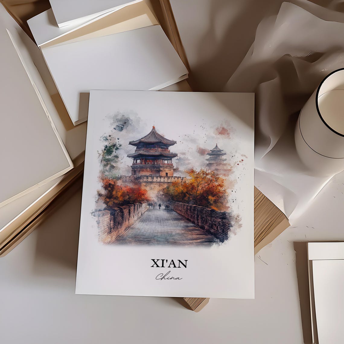 Xian China Watercolor Historic City Wall Tower Autumn Poster - Image 4