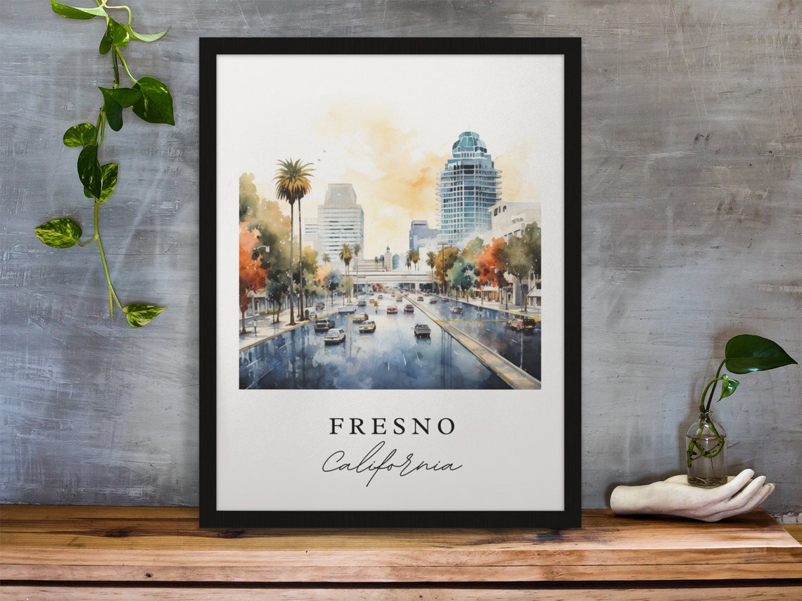 Fresno California Downtown Street Watercolor Palm Trees Skyline Poster