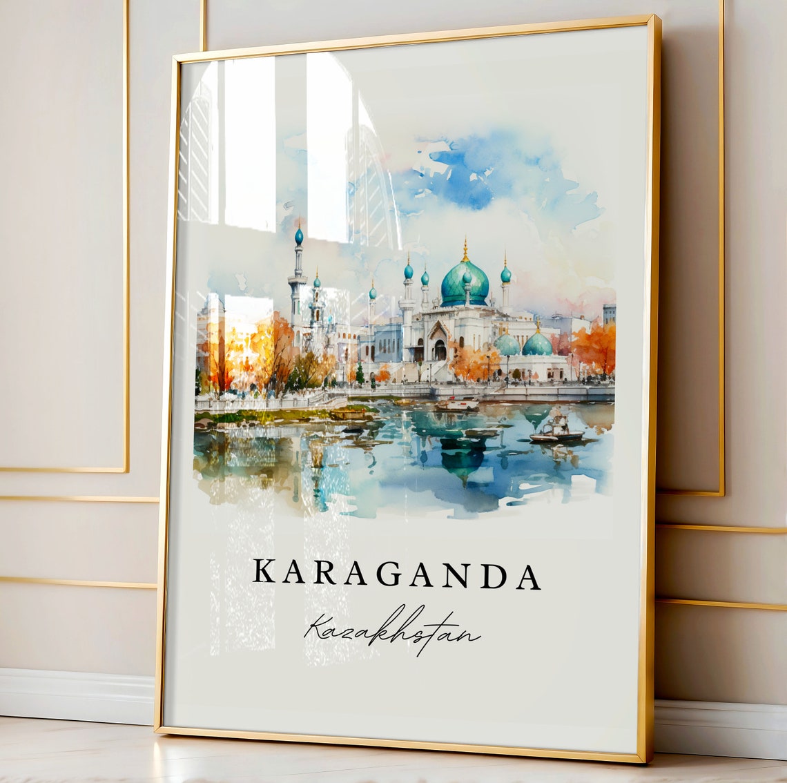 Karaganda Kazakhstan Watercolor Mosque Lakeside Reflection Poster - Image 4