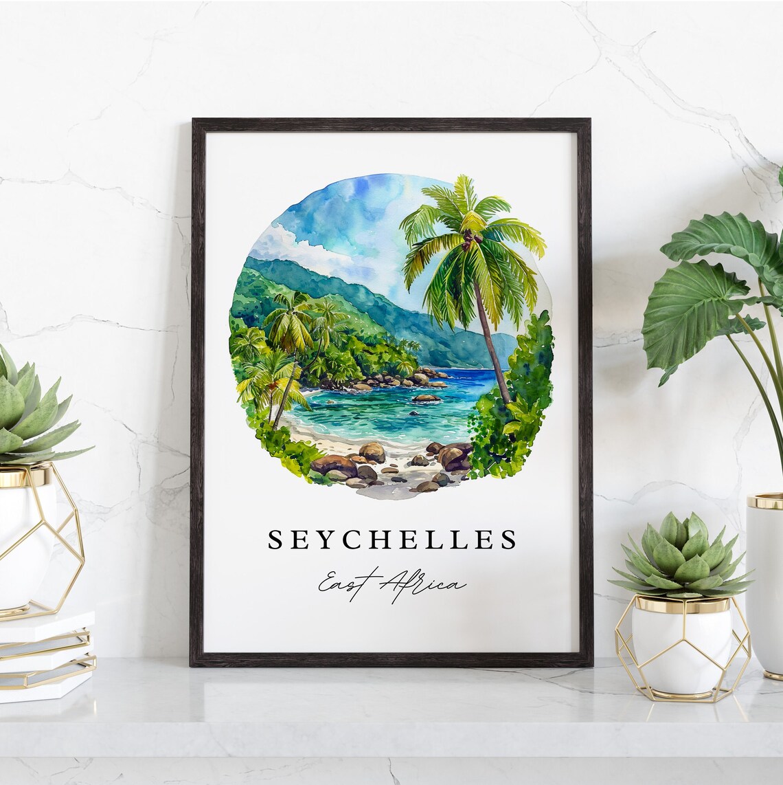 Seychelles East Africa Tropical Beach Palms Watercolor Poster - Image 4