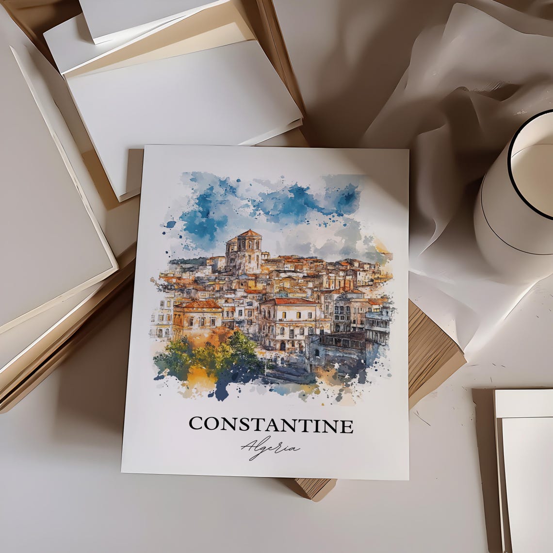 Constantine Algeria Watercolor Historic Old Town View Poster - Image 3