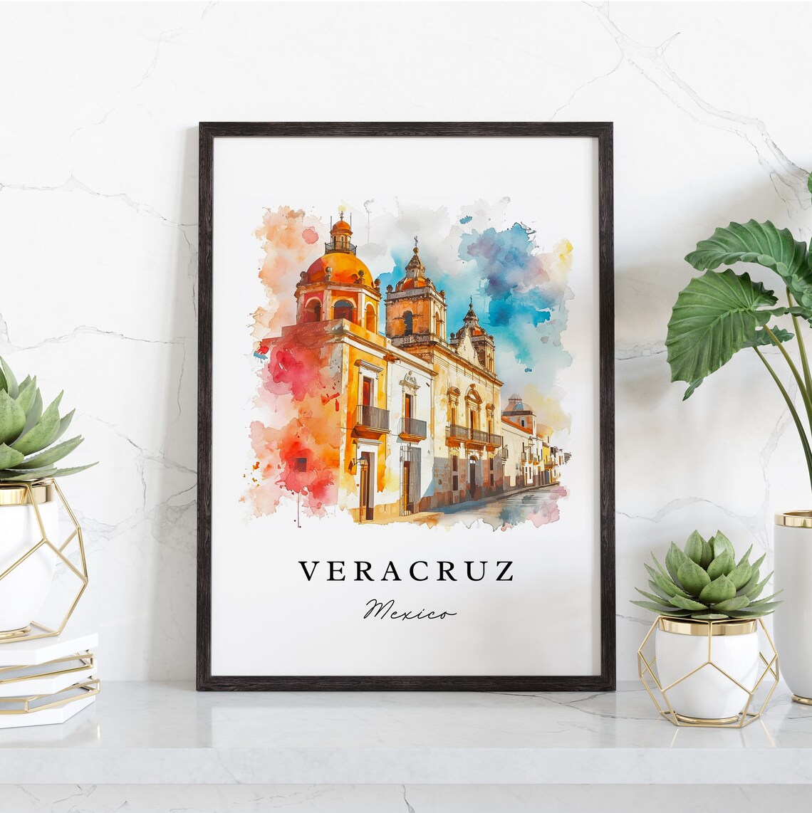 Veracruz Mexico Watercolor Colonial Cathedral Orange Domes Poster - Image 3