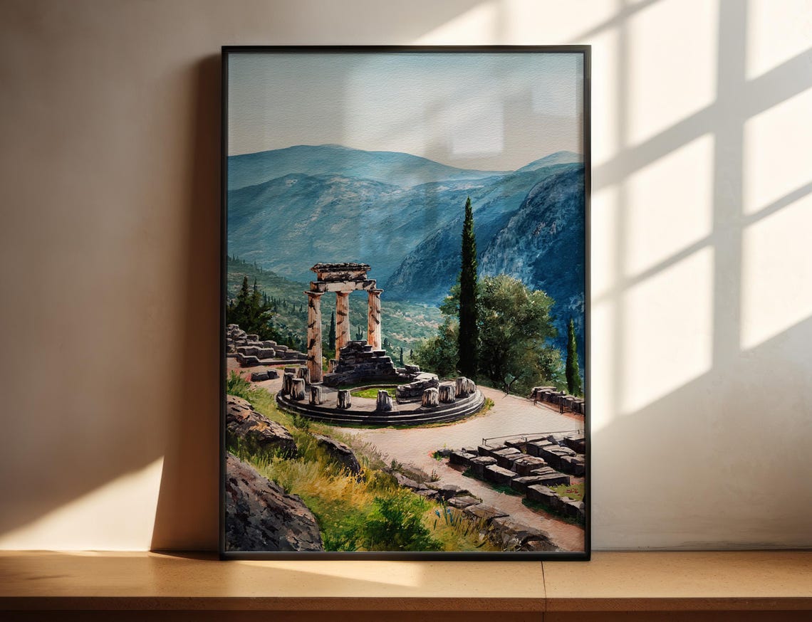 Ancient Ruins of Delphi Greece Watercolor Mountain View Poster