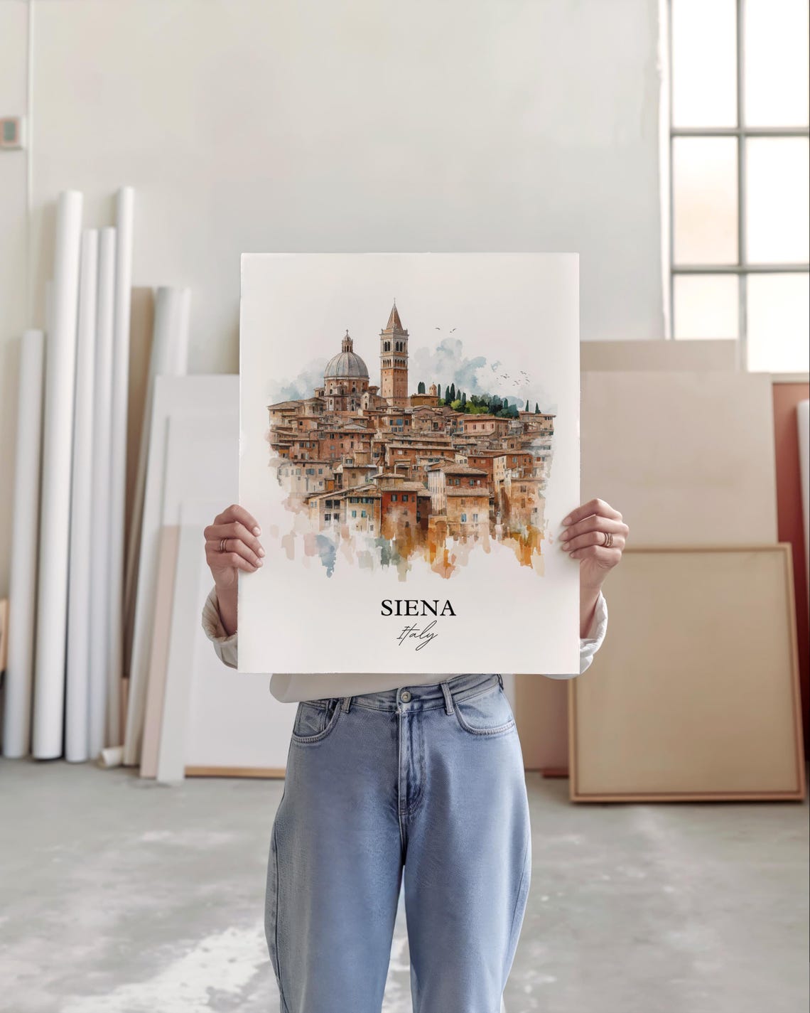Siena Italy Watercolor Medieval Hill Town Duomo Tower Poster - Image 5