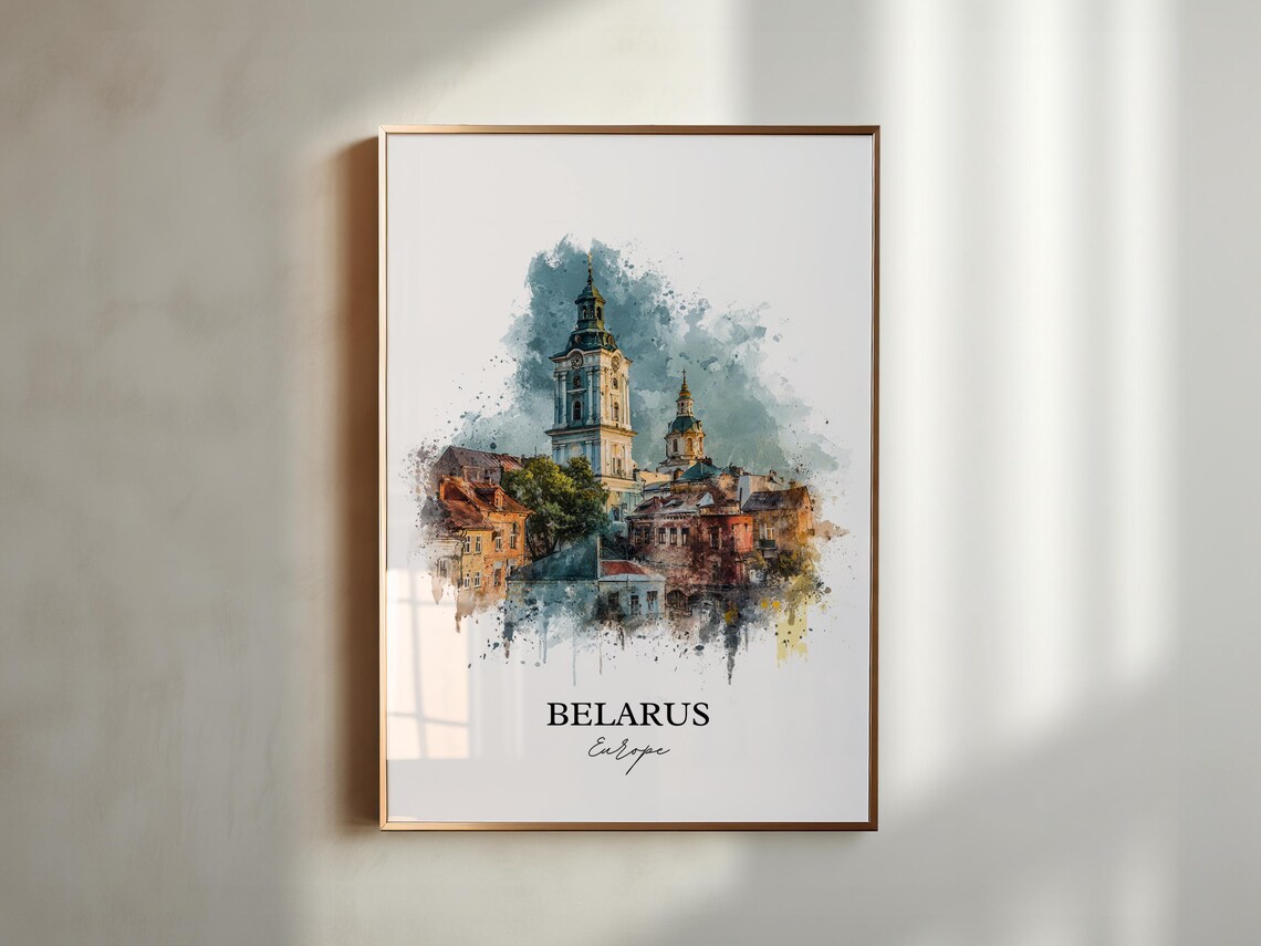 Belarus Europe Historic Old Town Church Tower Watercolor Poster - Image 5