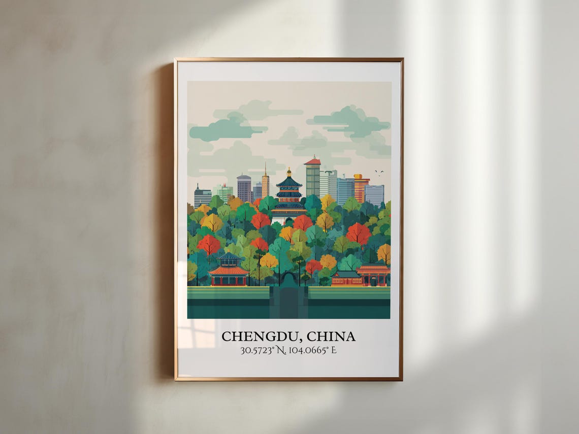 Chengdu China Temple Park Autumn Trees Skyline Travel Poster - Image 3