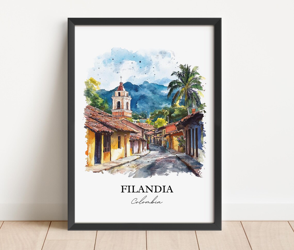Filandia Colombia Cobblestone Street Church Tower Watercolor Poster - Image 2