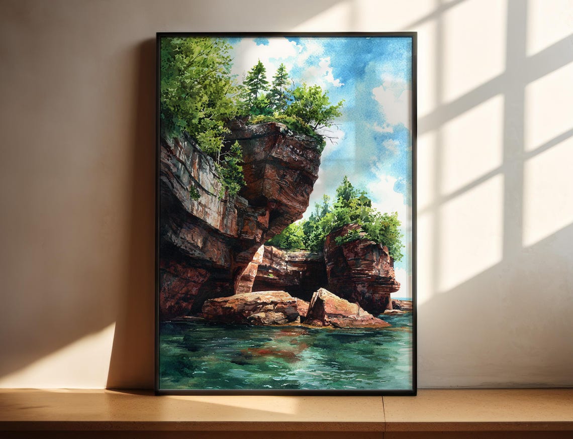 Apostle Islands Lake Superior Red Rock Sea Cliffs Watercolor Wall Art