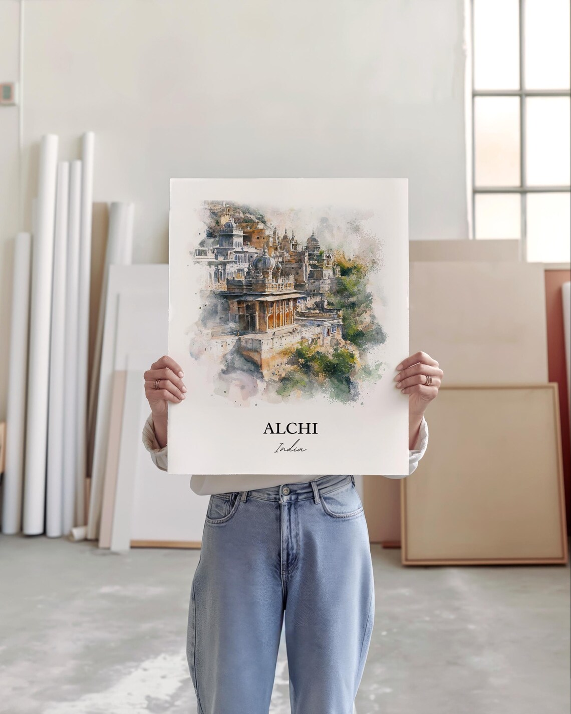 Alchi India Watercolor Historic Buddhist Monastery Travel Poster - Image 5