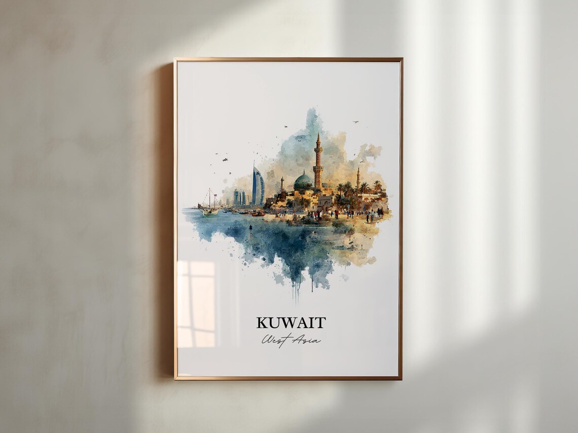 Kuwait West Asia Watercolor Coastal City Harbor Skyline Travel Poster - Image 5