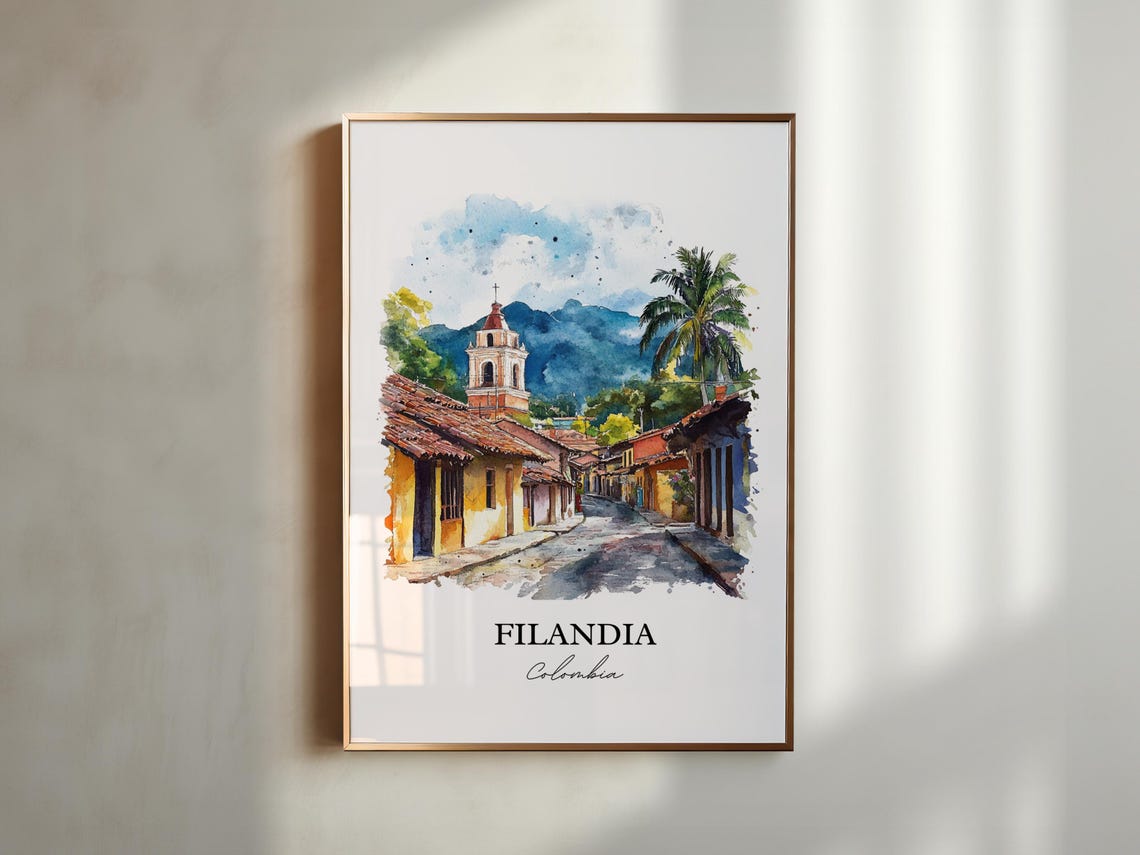 Filandia Colombia Cobblestone Street Church Tower Watercolor Poster - Image 3