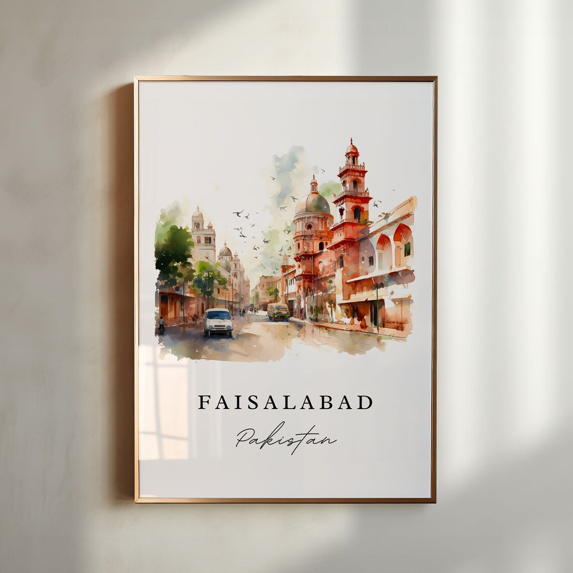 Faisalabad Pakistan Watercolor Historic Street Scene Travel Poster