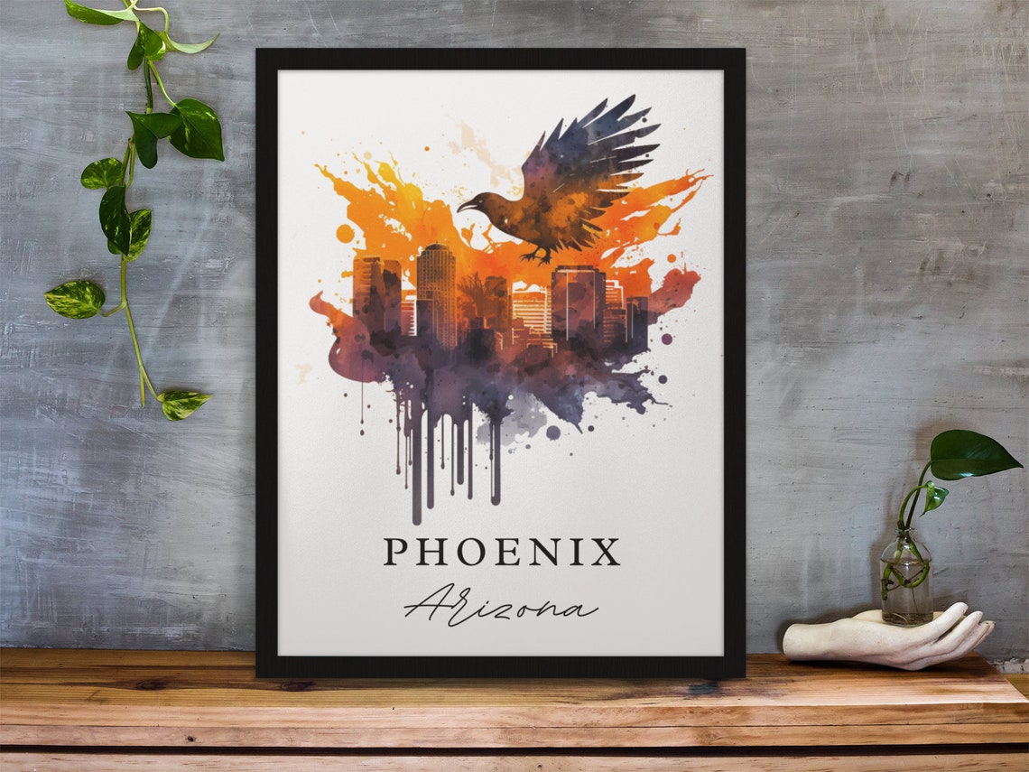 Phoenix Arizona Watercolor Skyline Rising Phoenix Bird Art Poster