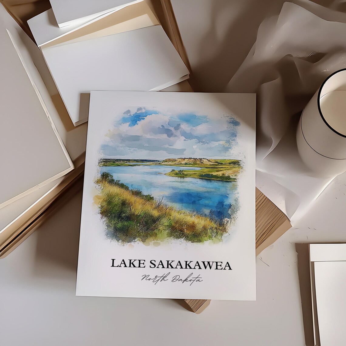 Lake Sakakawea North Dakota Watercolor Prairie Lake Bluffs Poster - Image 2