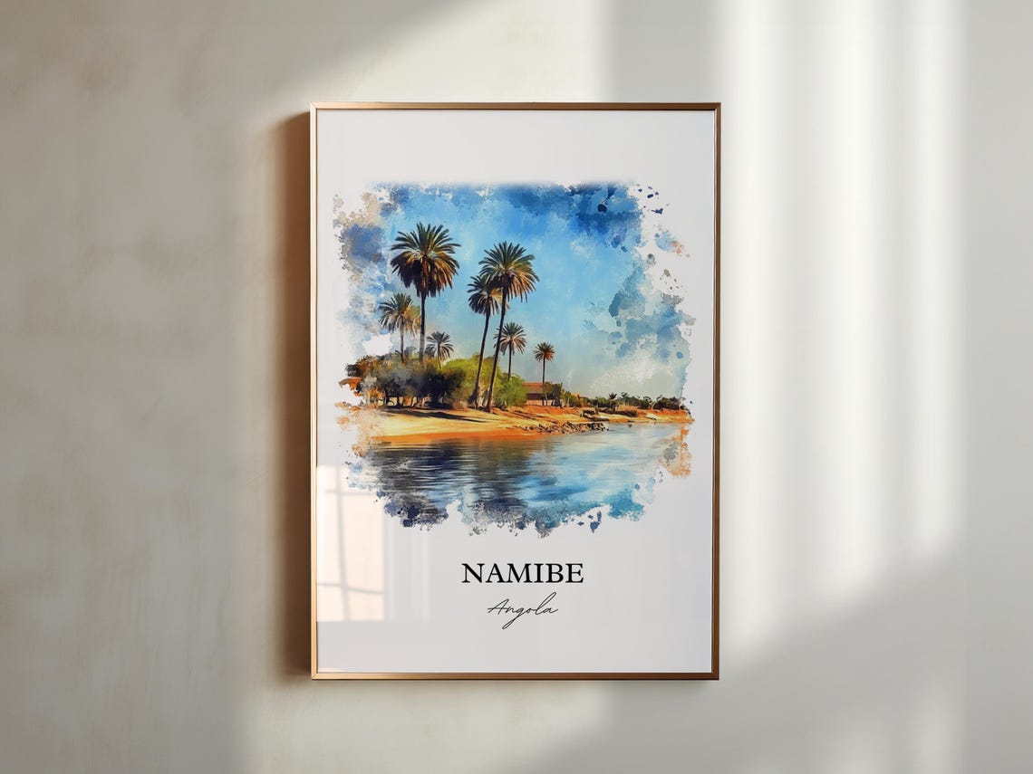 Namibe Angola Palm Trees Waterfront Oasis Watercolor Travel Poster - Image 5