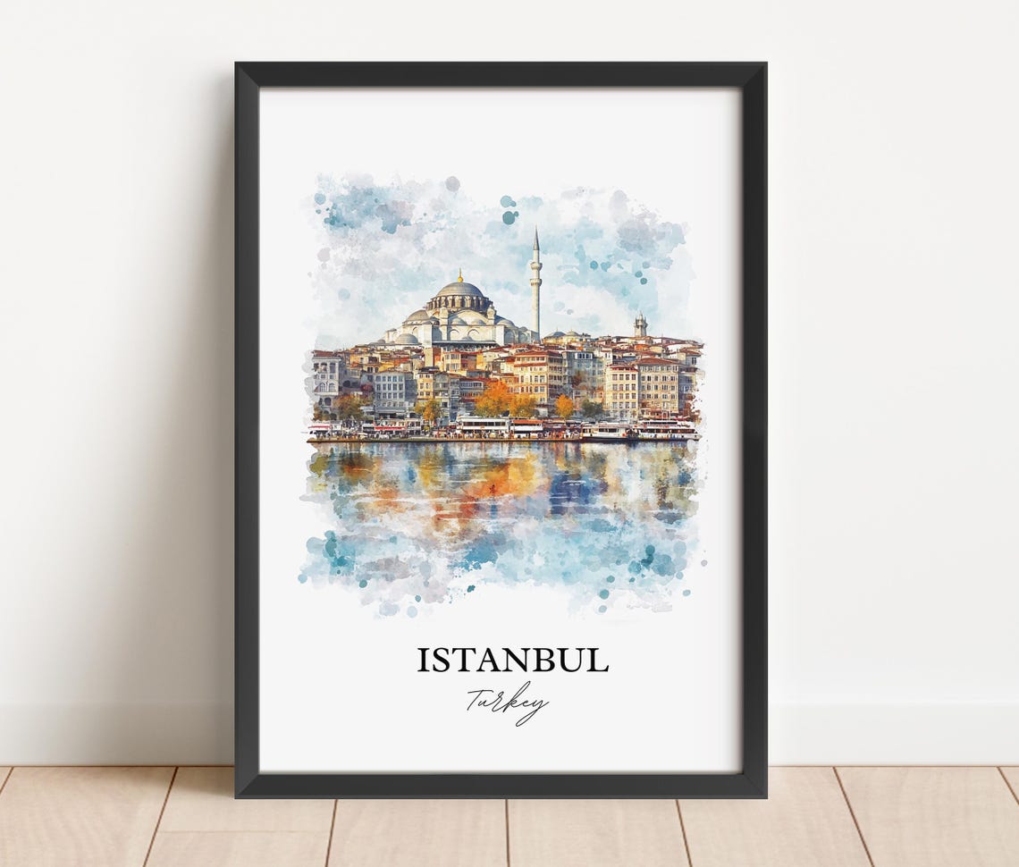 Istanbul Turkey Domed Mosque Waterfront Watercolor Travel Poster - Image 3